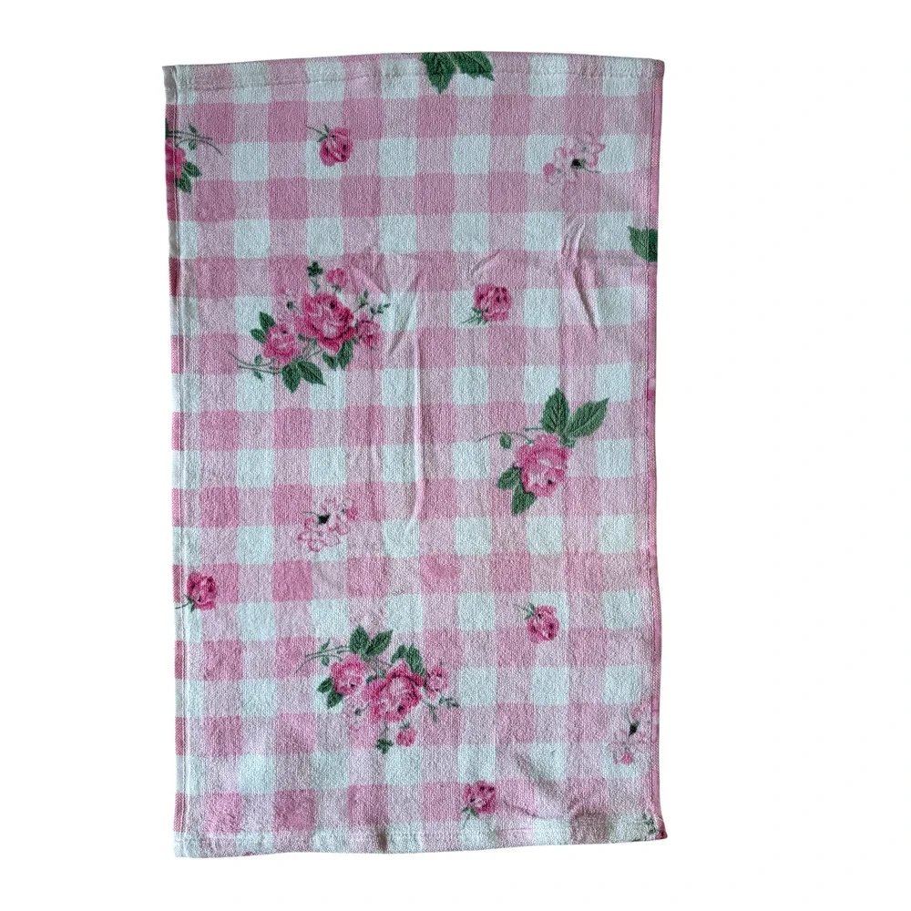 Betsey Johnson Pink Gingham Floral Towels 3pc Set 2 Bath 1 Hand 100% Cotton NEW